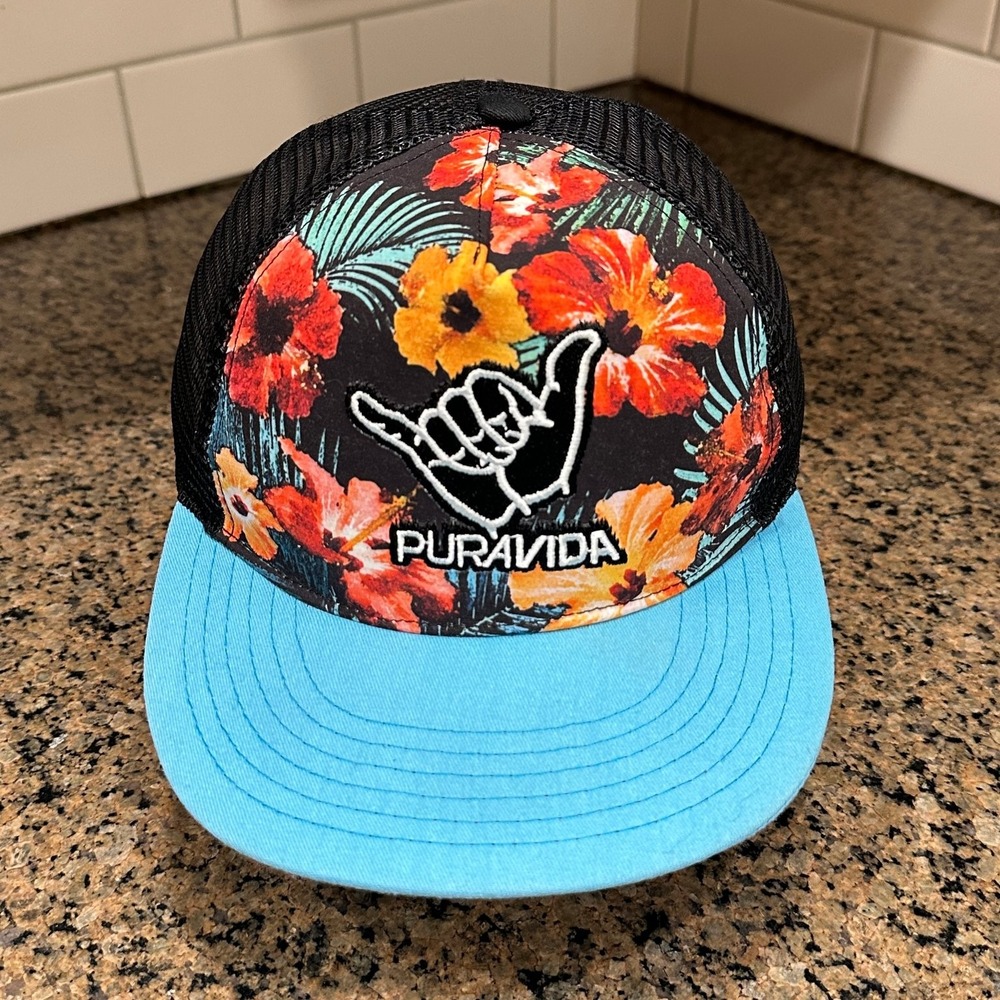 Pura Vida Optimum Hawaiian Floral Trucker Hat Shaka Mesh Snapback Black Blue